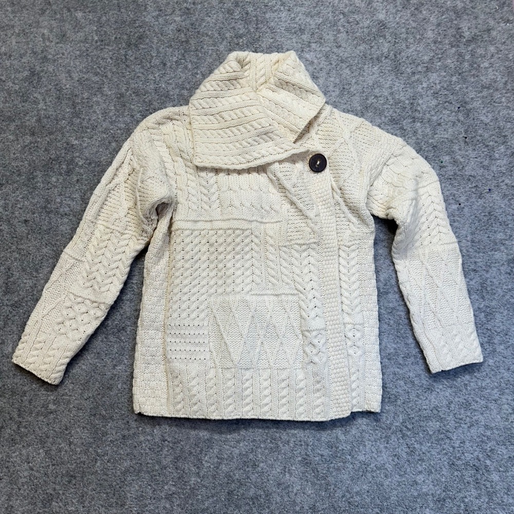 Connemara Irish Wool Cardigan Sweater Cable Knit Womens M Cream
